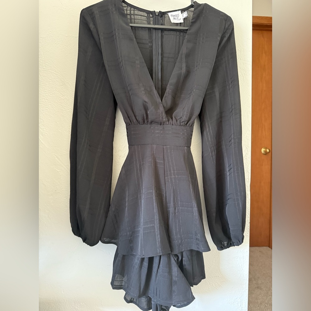 Princess Polly Black Long Sleeve Plunge Mini Dress with Tiered Skirt